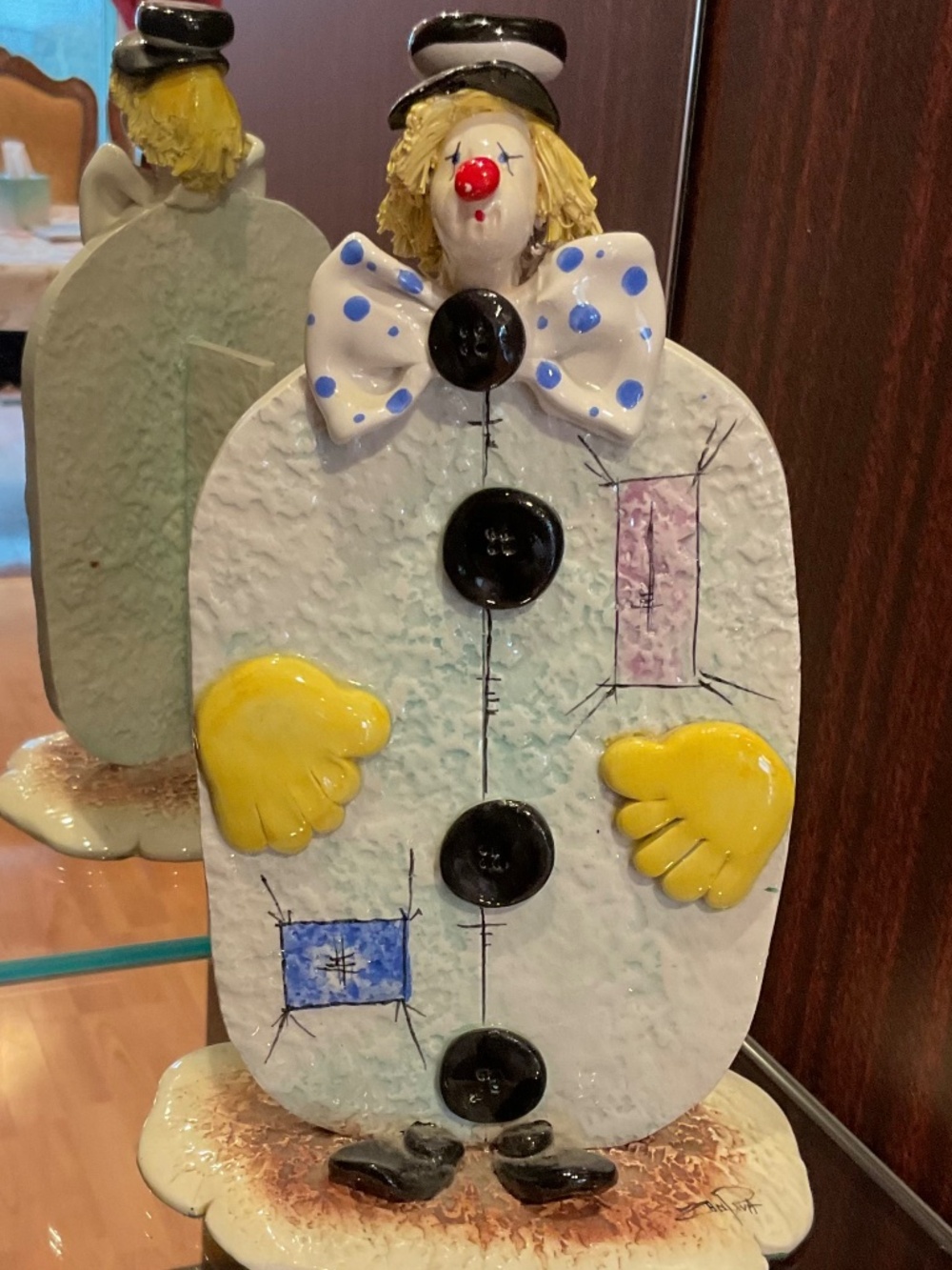 Handmade Ceramic Clown Figurine - White with Yellow & Blue Accents